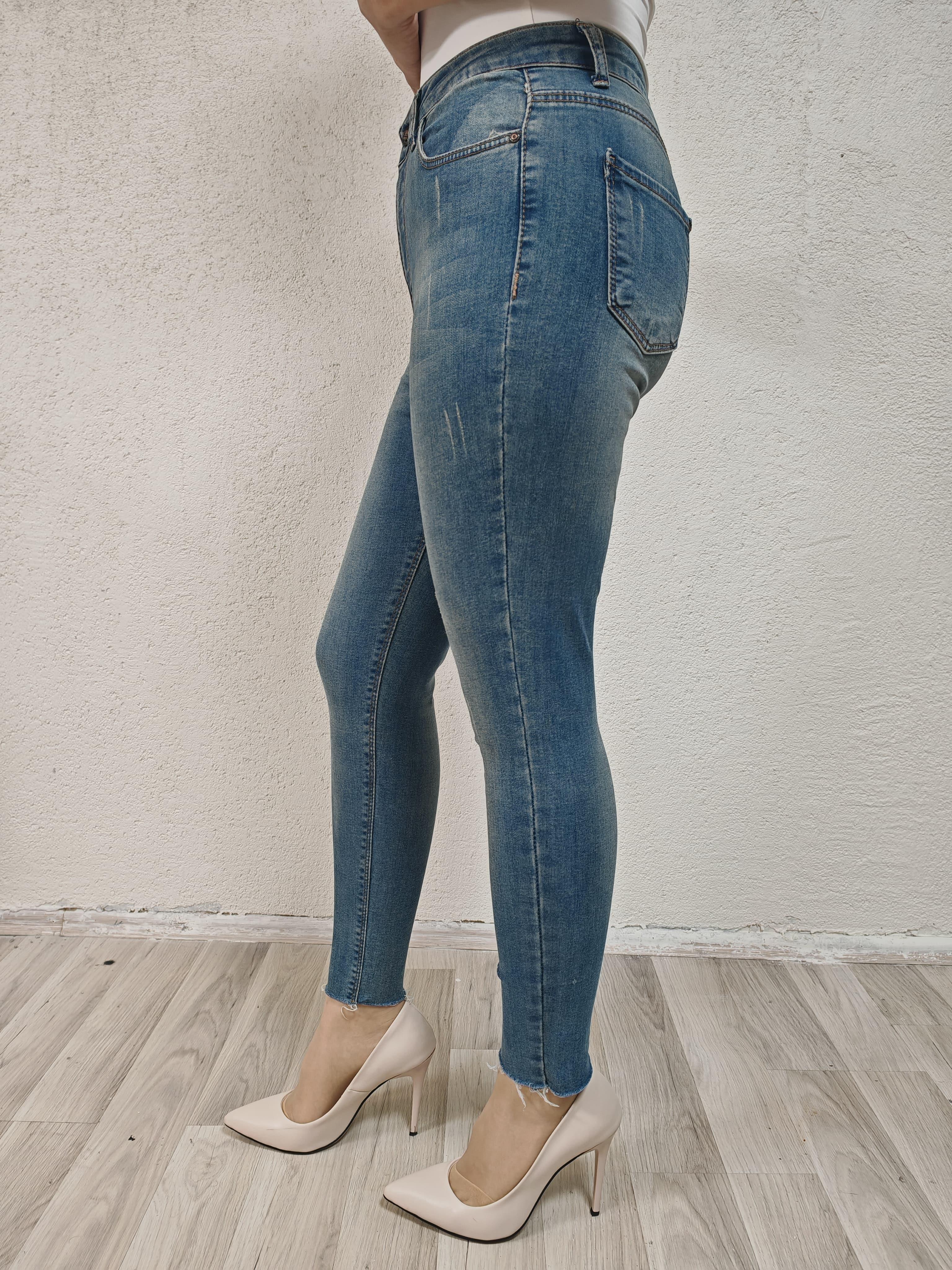 Koyu mavi  lazer detay Slim Fit bayan jeans