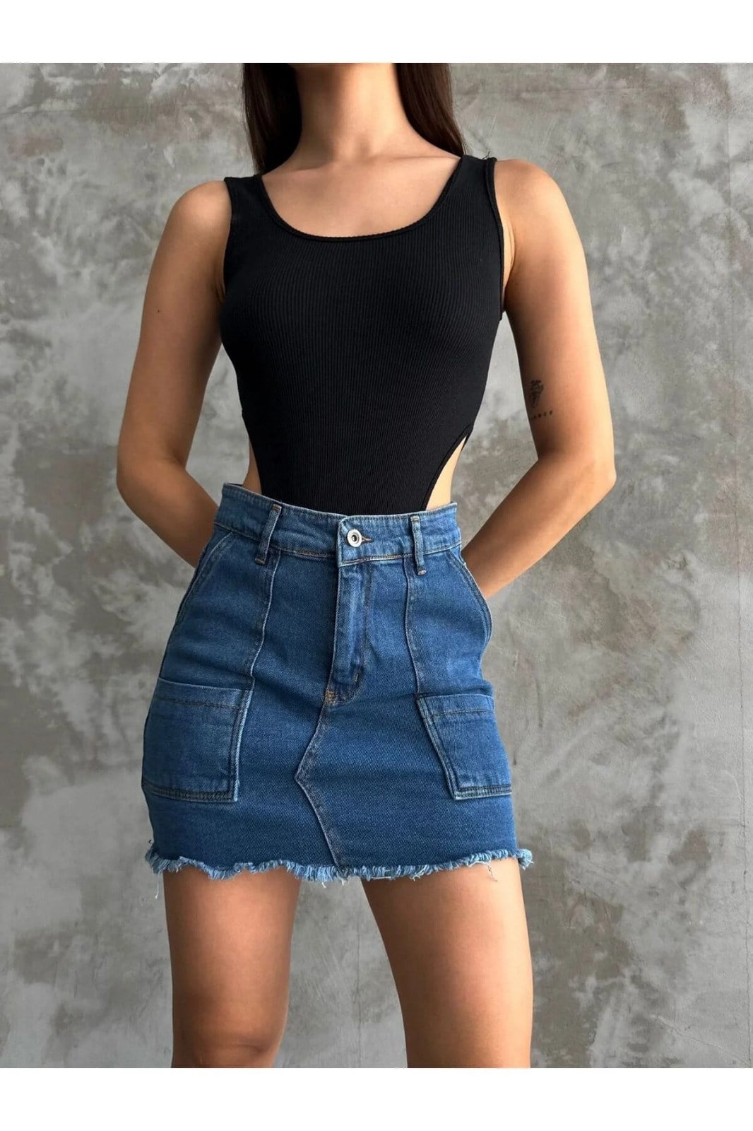 Lacivert Kot Mini Etek