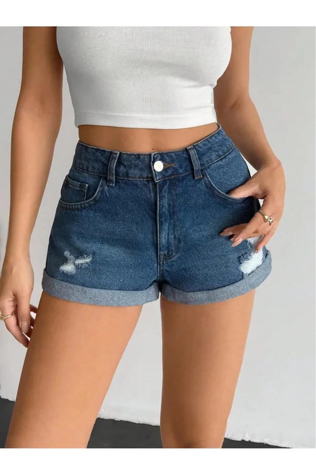 Lacivert Lazer Kesim Mini Kot Şort