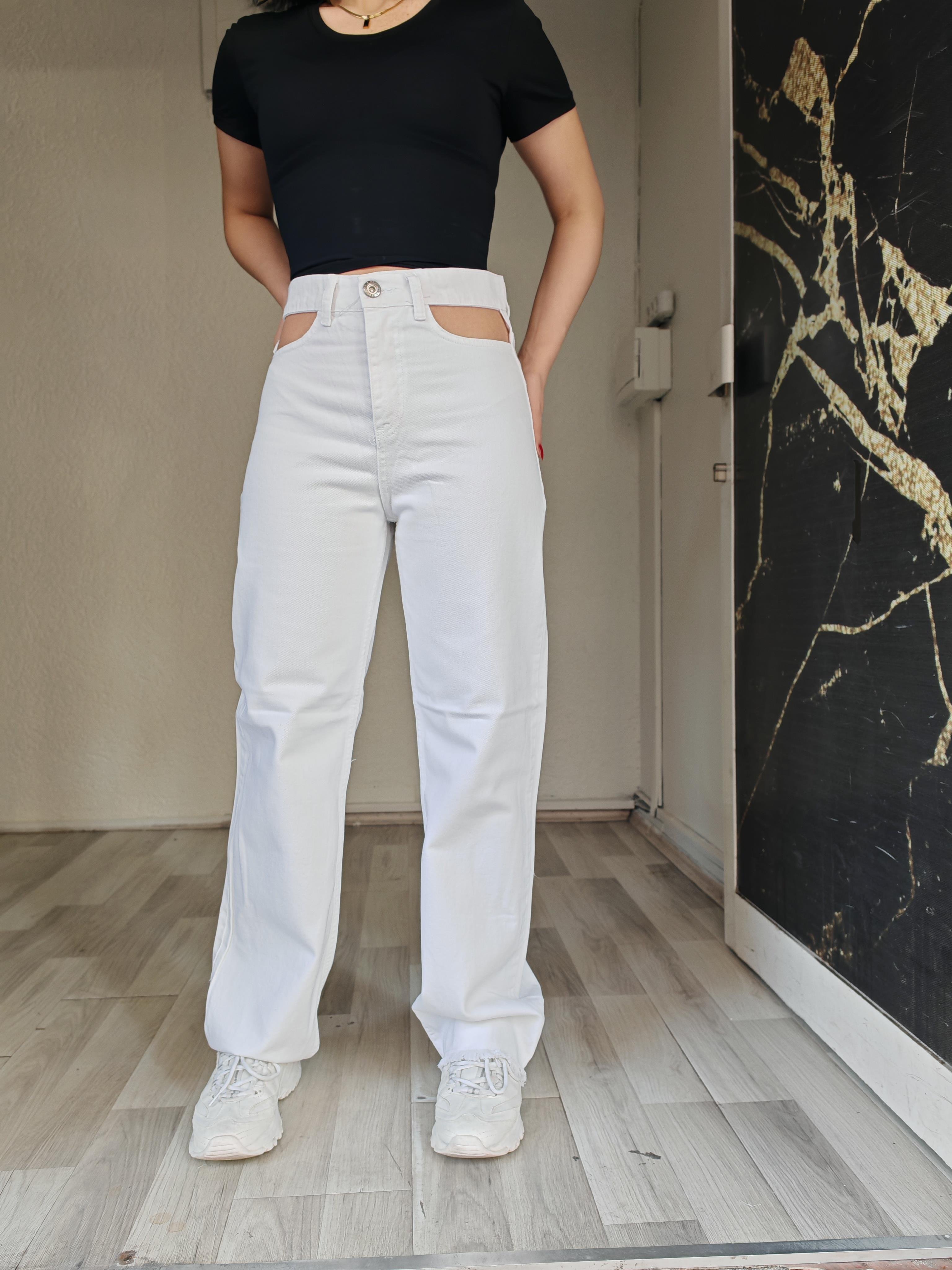 palazzo beyaz cep detaylı kadın jeans