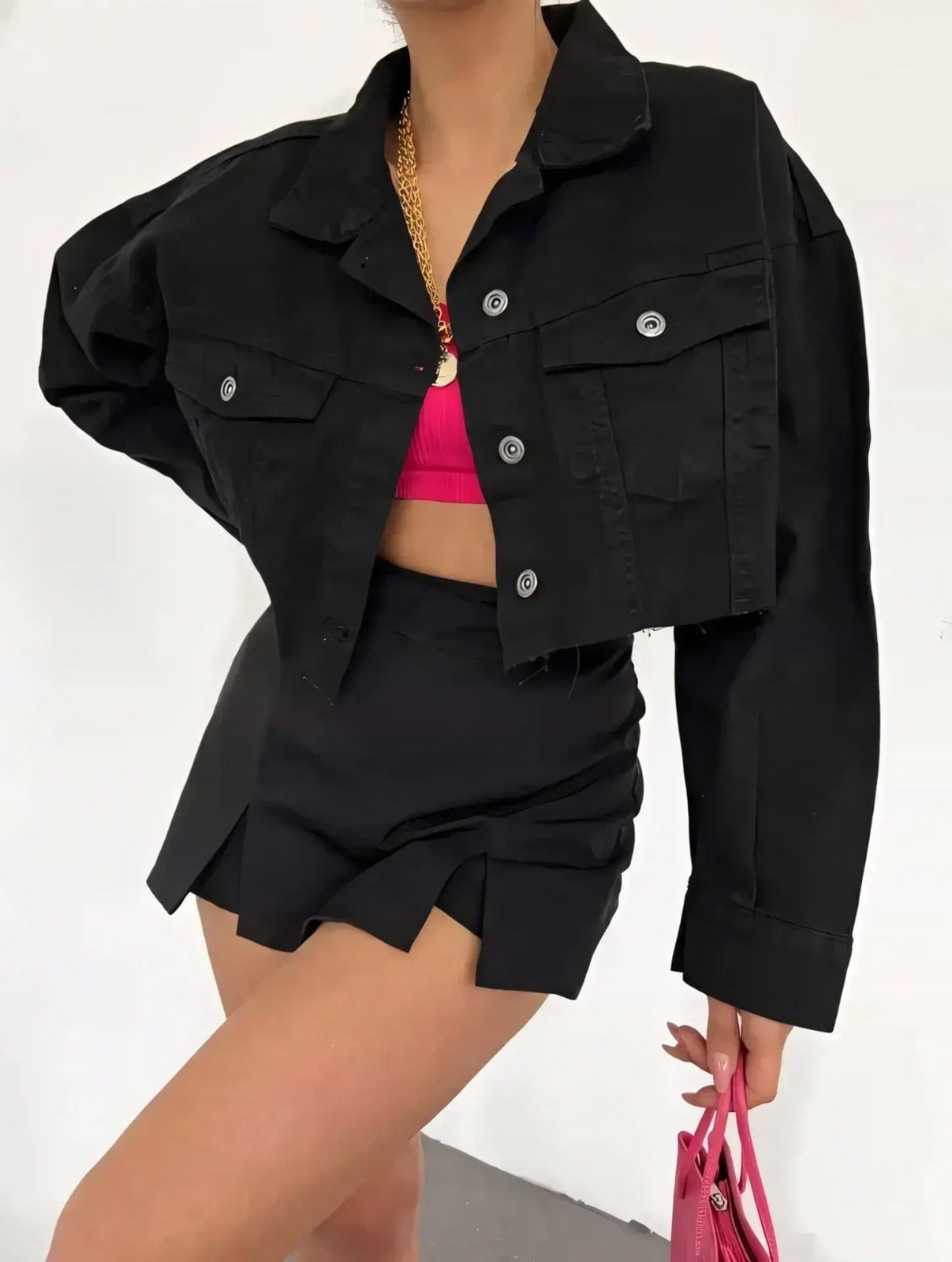 Siyah Crop Kot Ceket 