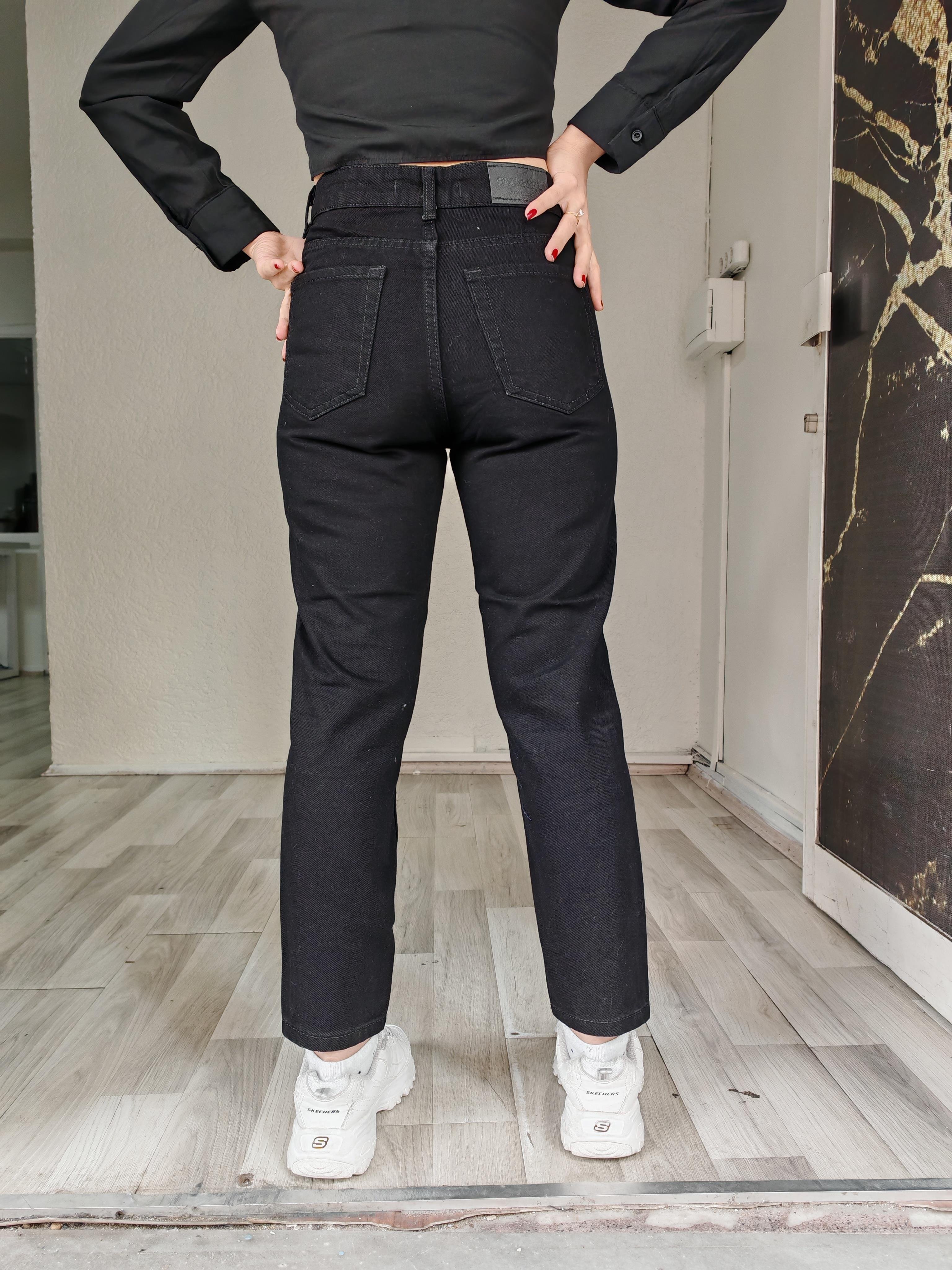 Siyah Mom  Yüksek Bel Likralı Kot Pantolon
