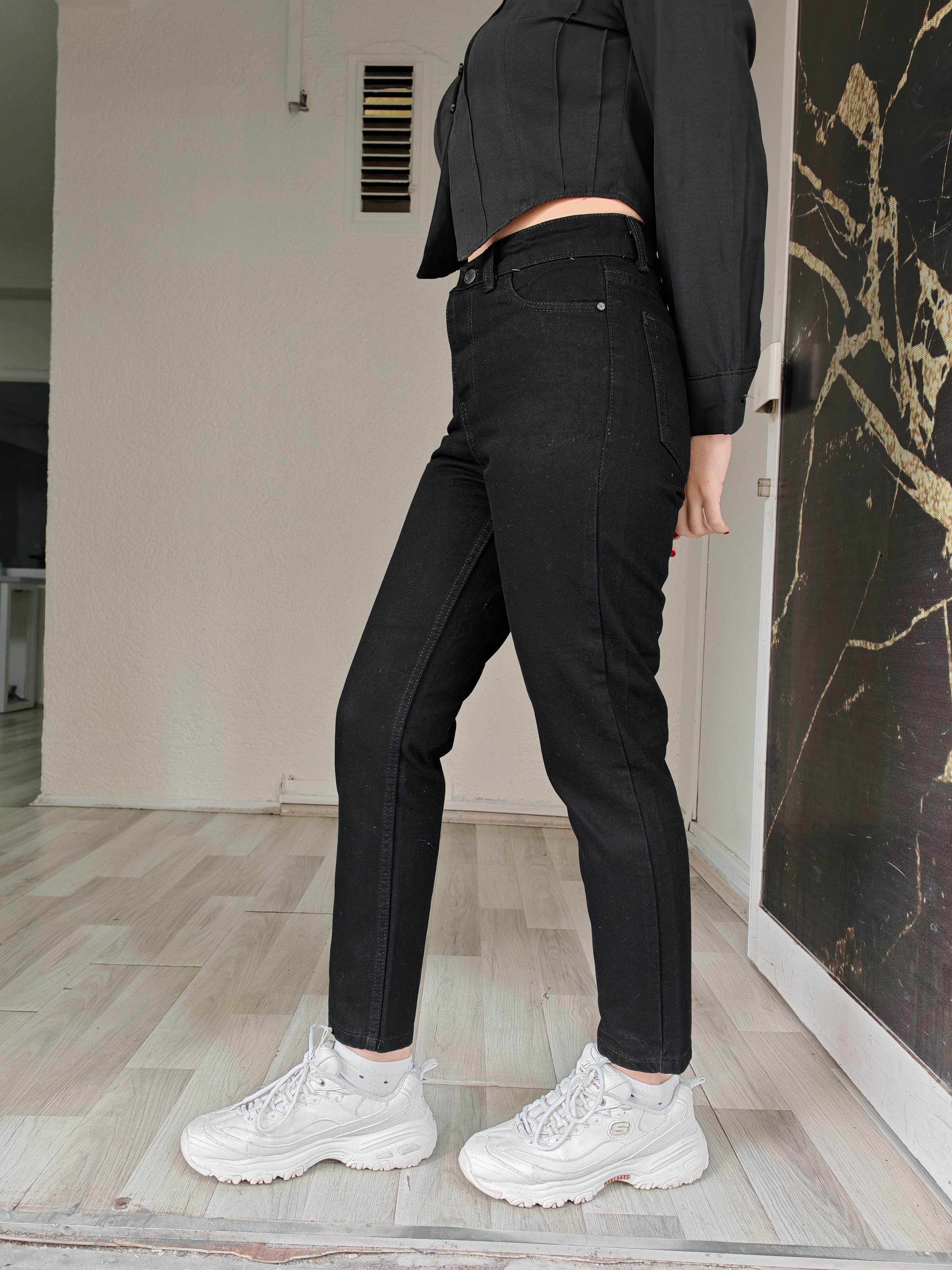 Siyah Mom  Yüksek Bel Likralı Kot Pantolon