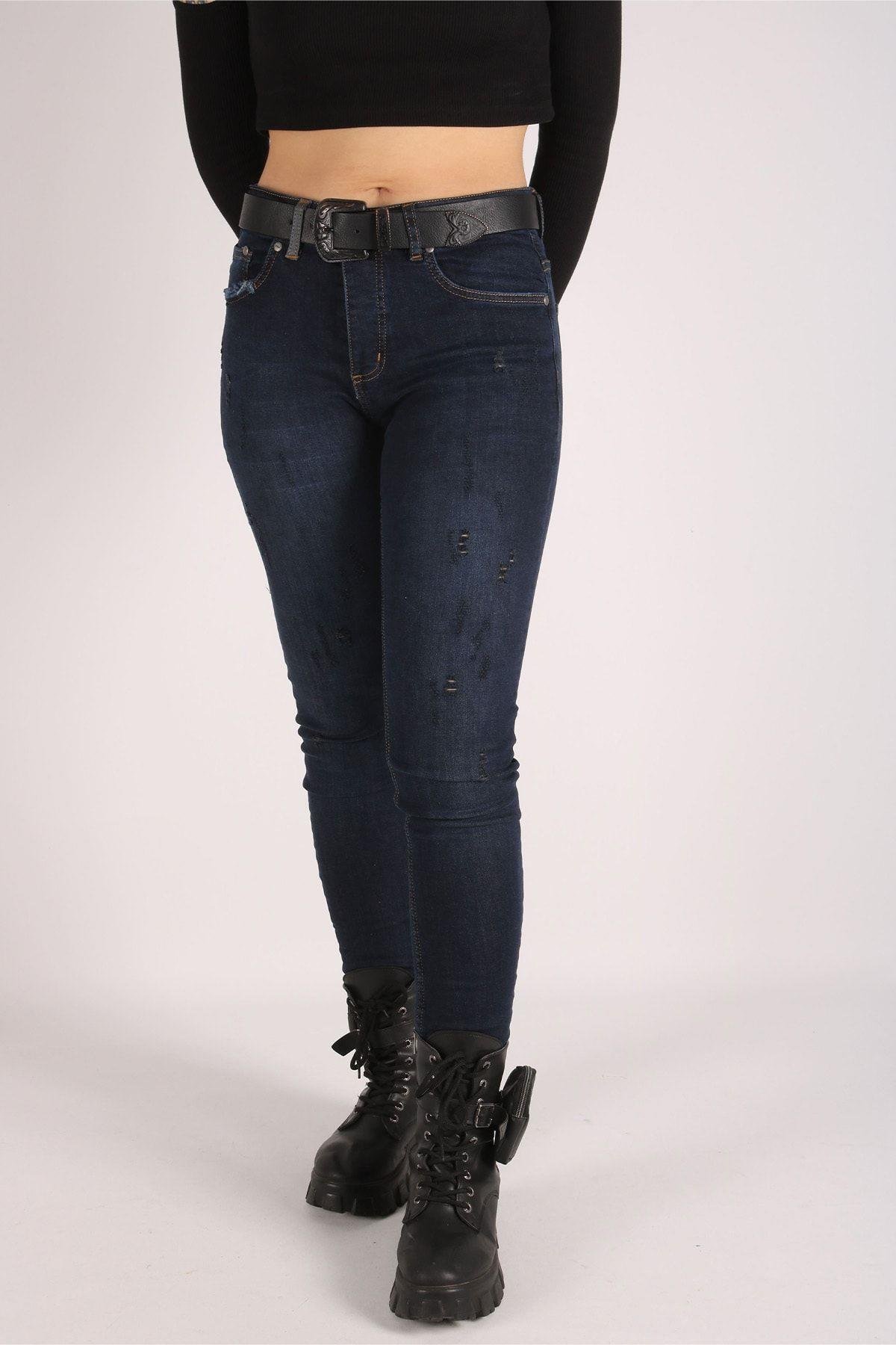 Yüksek Bel Jeans Kadın Slim Pantolon Denim Kumaş