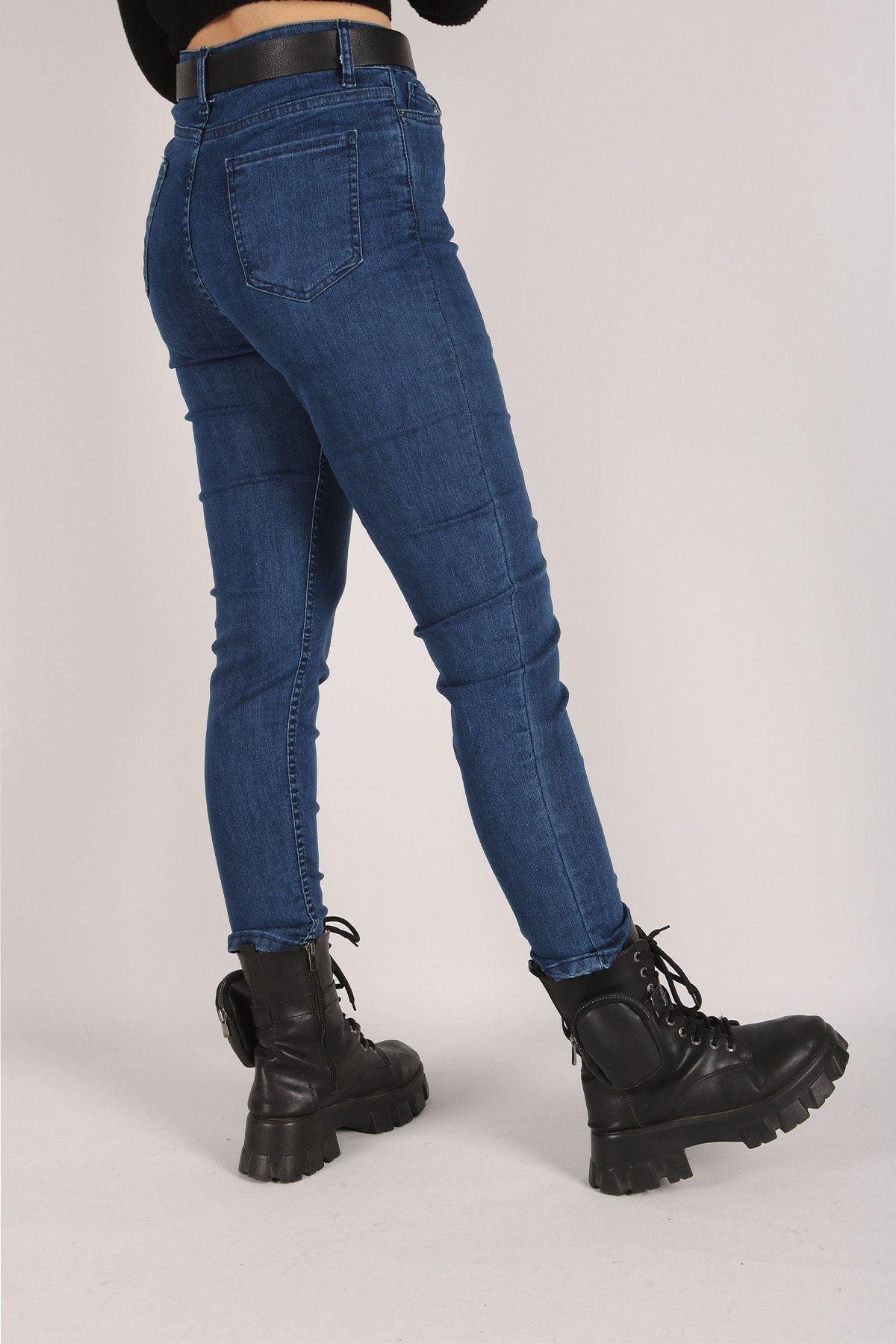 Yüksek Bel Jeans Kadın Slim Pantolon Denim Kumaş