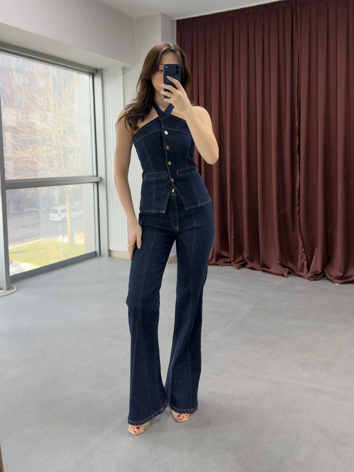 Çapraz Yaka Düğmeli Denim İkili Takım NVM-30028