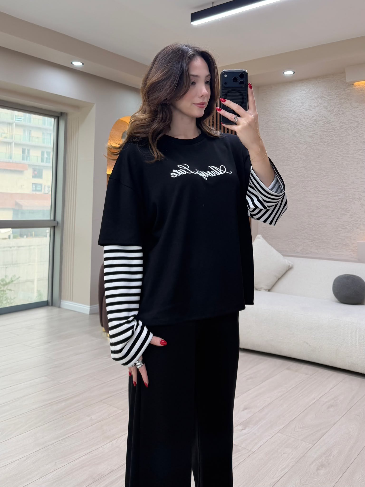 Çizgili Kollu Rahat Kesim İkili Takım NVM-4237