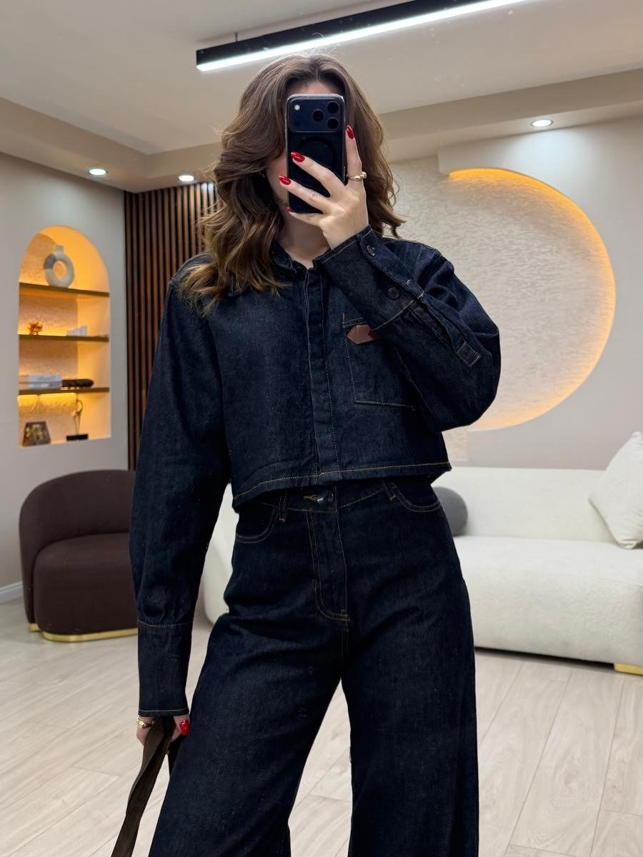 Denim Crop Ceket & Palazzo Pantolon Takım NVM-30008