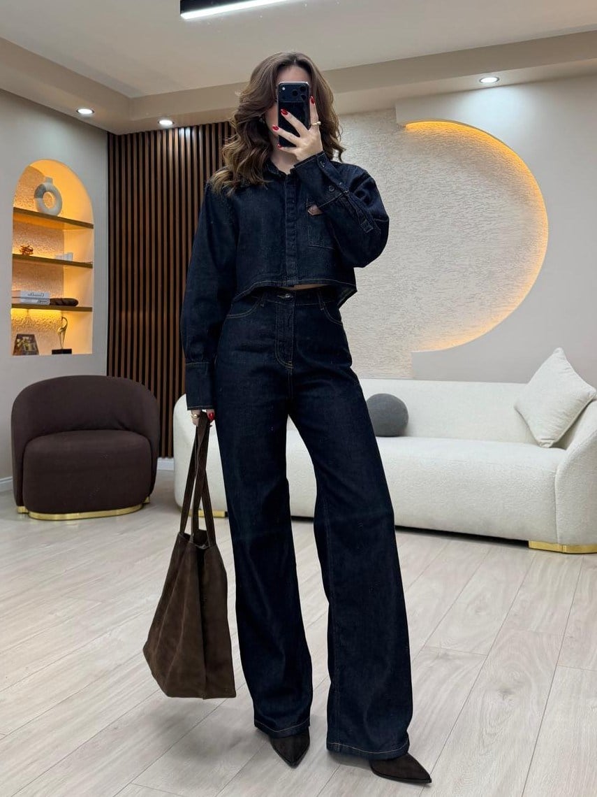 Denim Crop Ceket & Palazzo Pantolon Takım NVM-30008