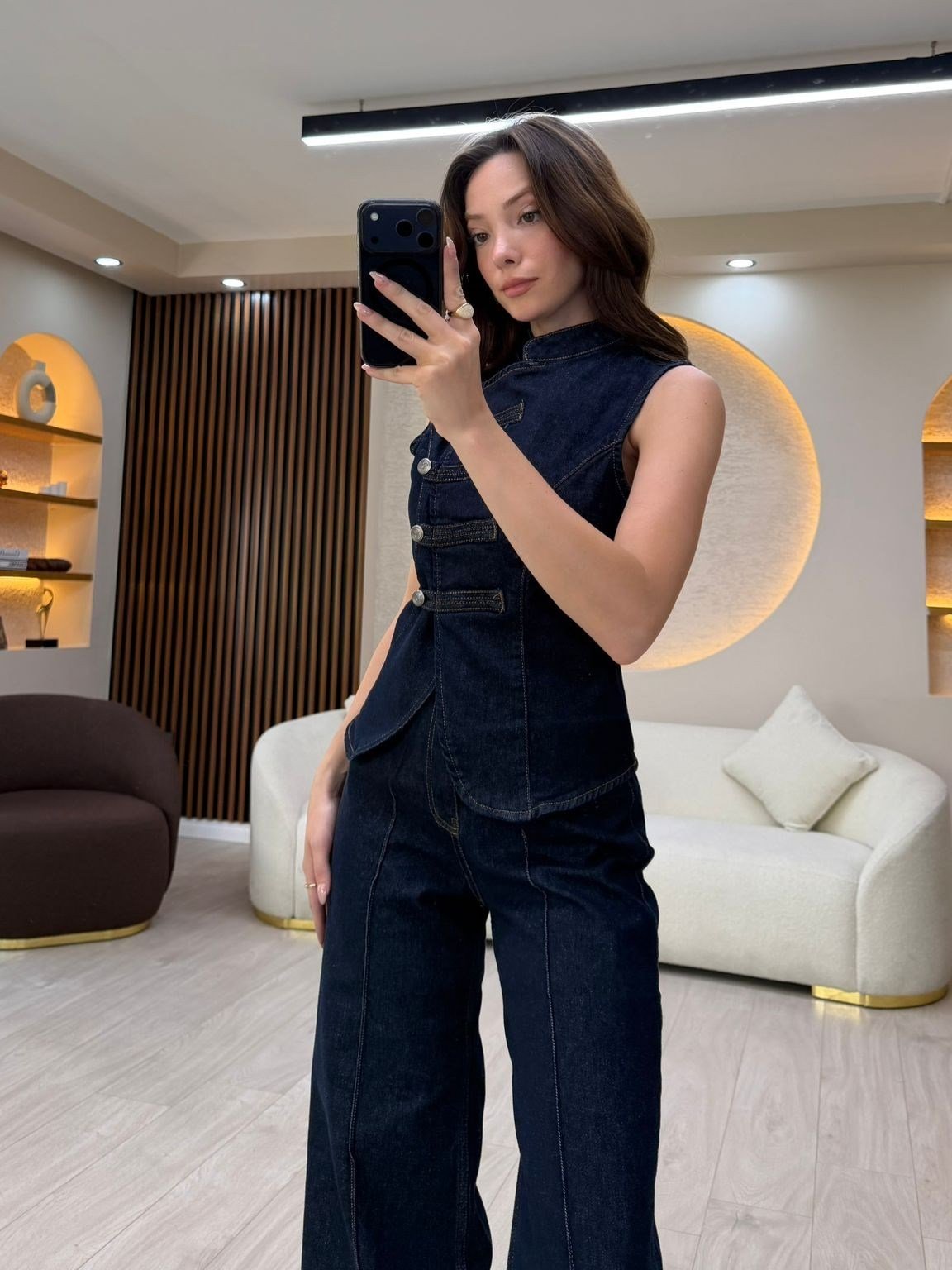 Denim Düğme Detaylı Yelek & Pantolon Takım NVM-30166