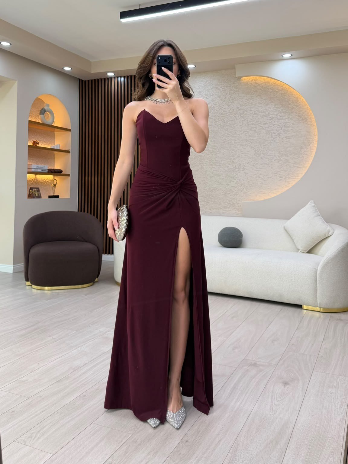 Drapeli Yırtmaçlı Maxi Elbise NVM-20639