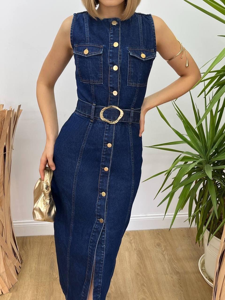 Düğmeli Denim Midi Elbise NVM-30002