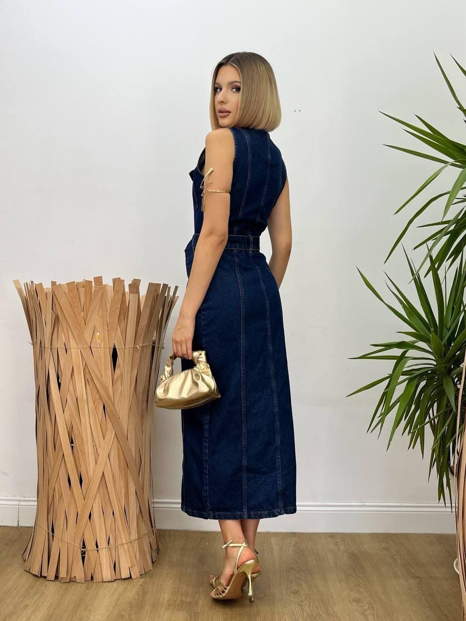 Düğmeli Denim Midi Elbise NVM-30002