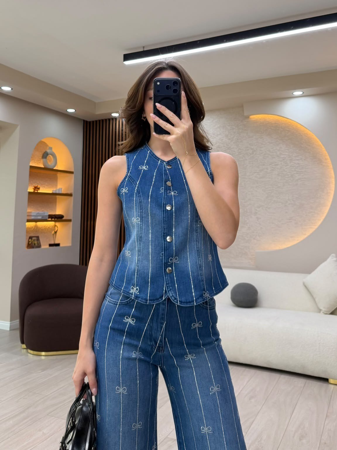 Fiyonk Desenli Denim Yelek Pantolon Takım NVM-30196