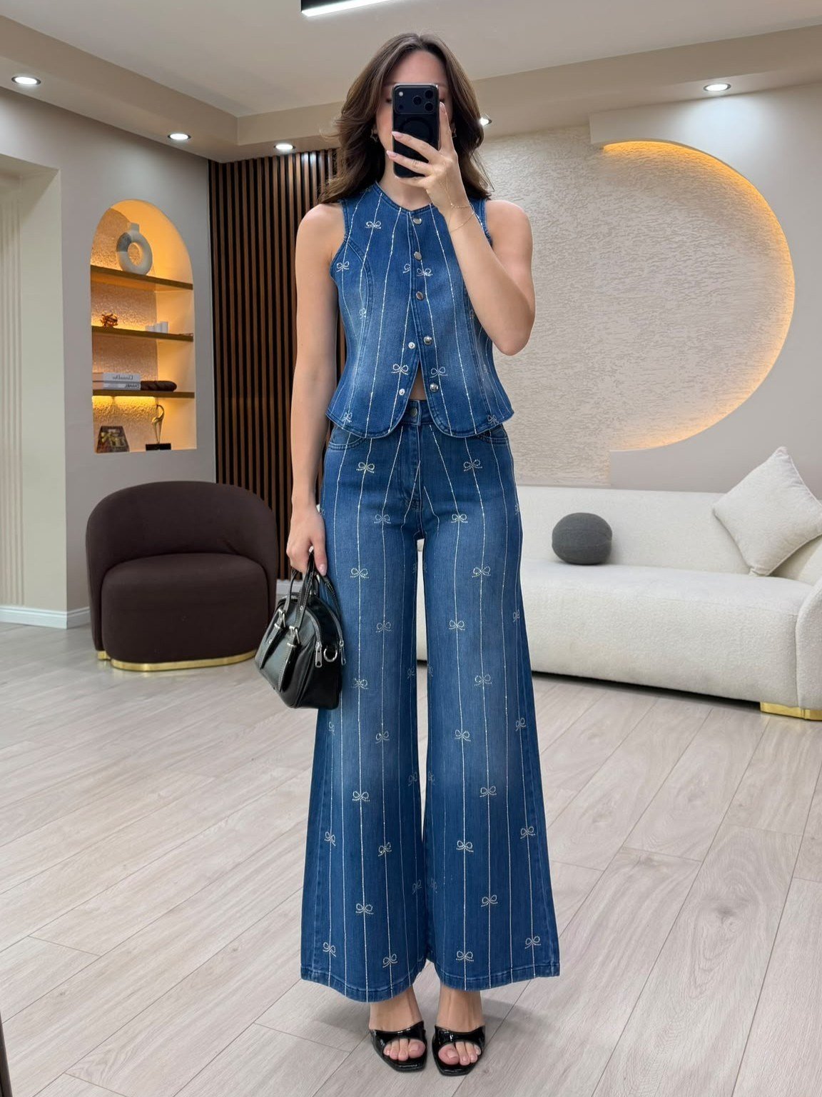 Fiyonk Desenli Denim Yelek Pantolon Takım NVM-30196