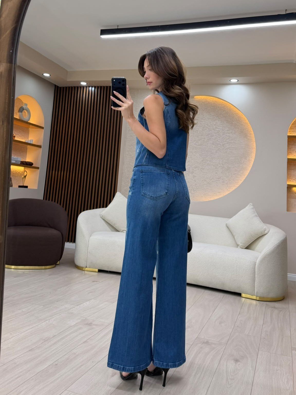 Fiyonk Desenli Denim Yelek Pantolon Takım NVM-30196