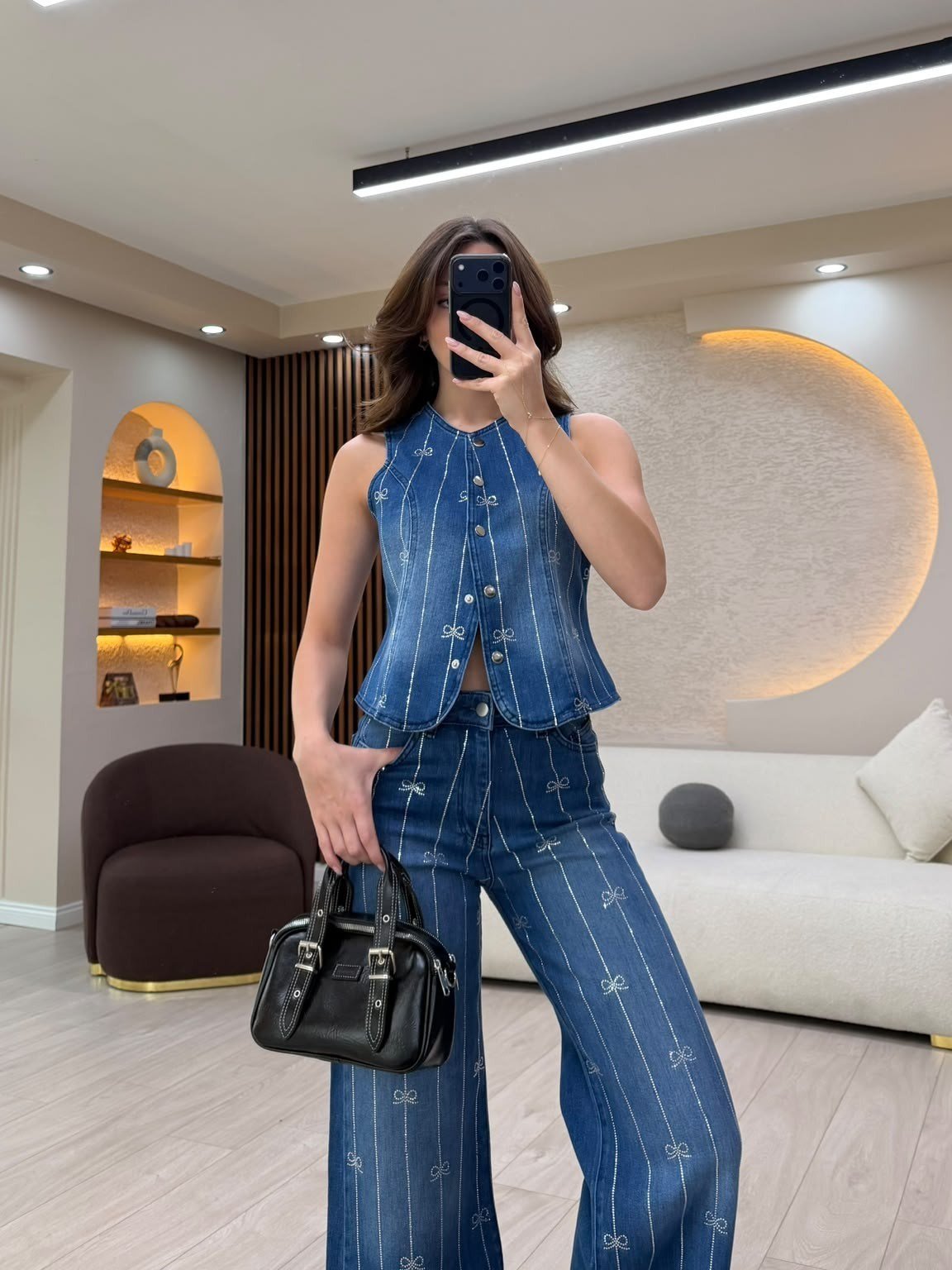 Fiyonk Desenli Denim Yelek Pantolon Takım NVM-30196