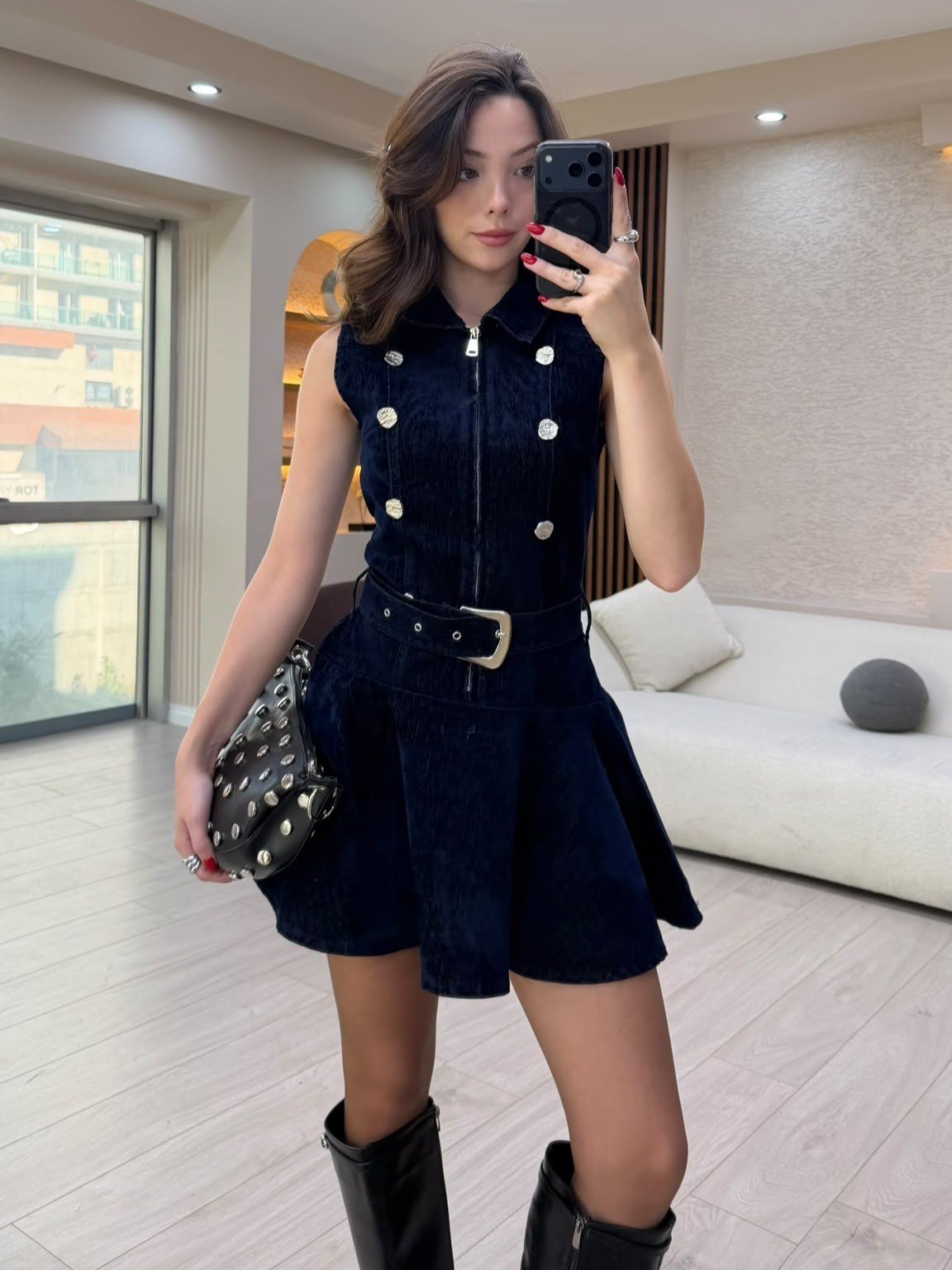Gold Düğmeli Kemerli Mini Elbise NVM-30110