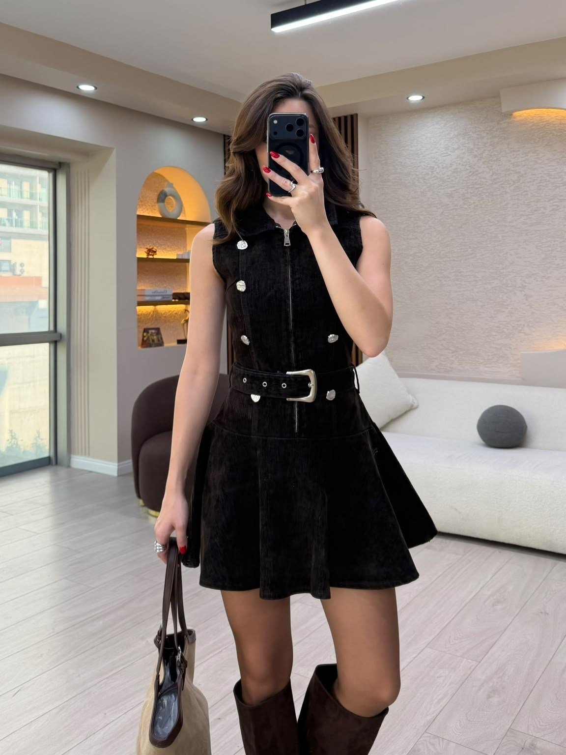 Gold Düğmeli Kemerli Mini Elbise NVM-30110