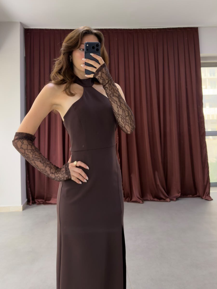 Halter Yaka Uzun Yırtmaçlı Elbise NVM-20595