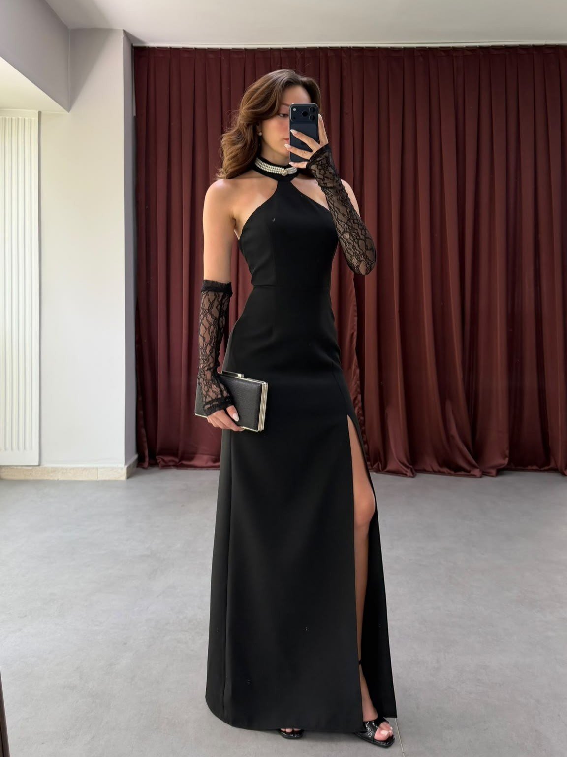 Halter Yaka Uzun Yırtmaçlı Elbise NVM-20595