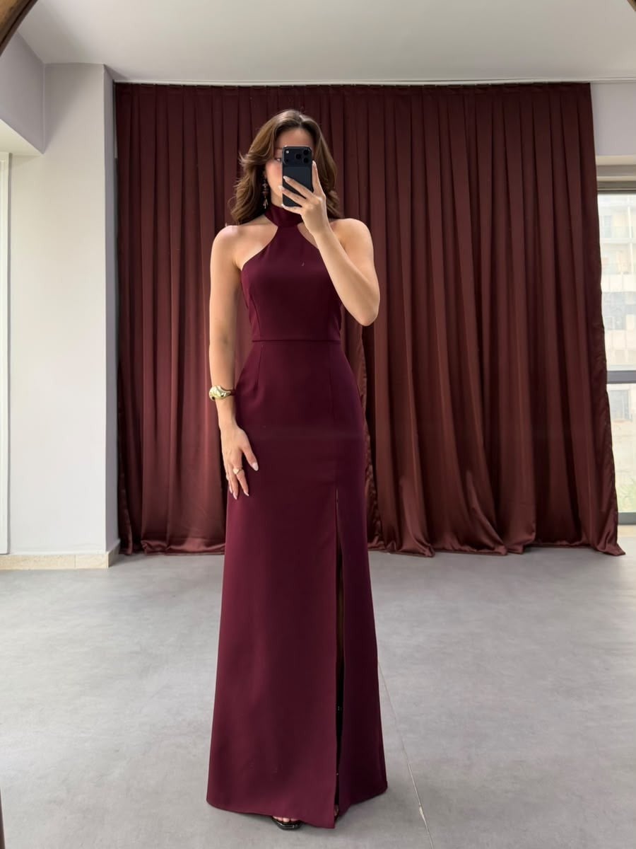 Halter Yaka Uzun Yırtmaçlı Elbise NVM-20595