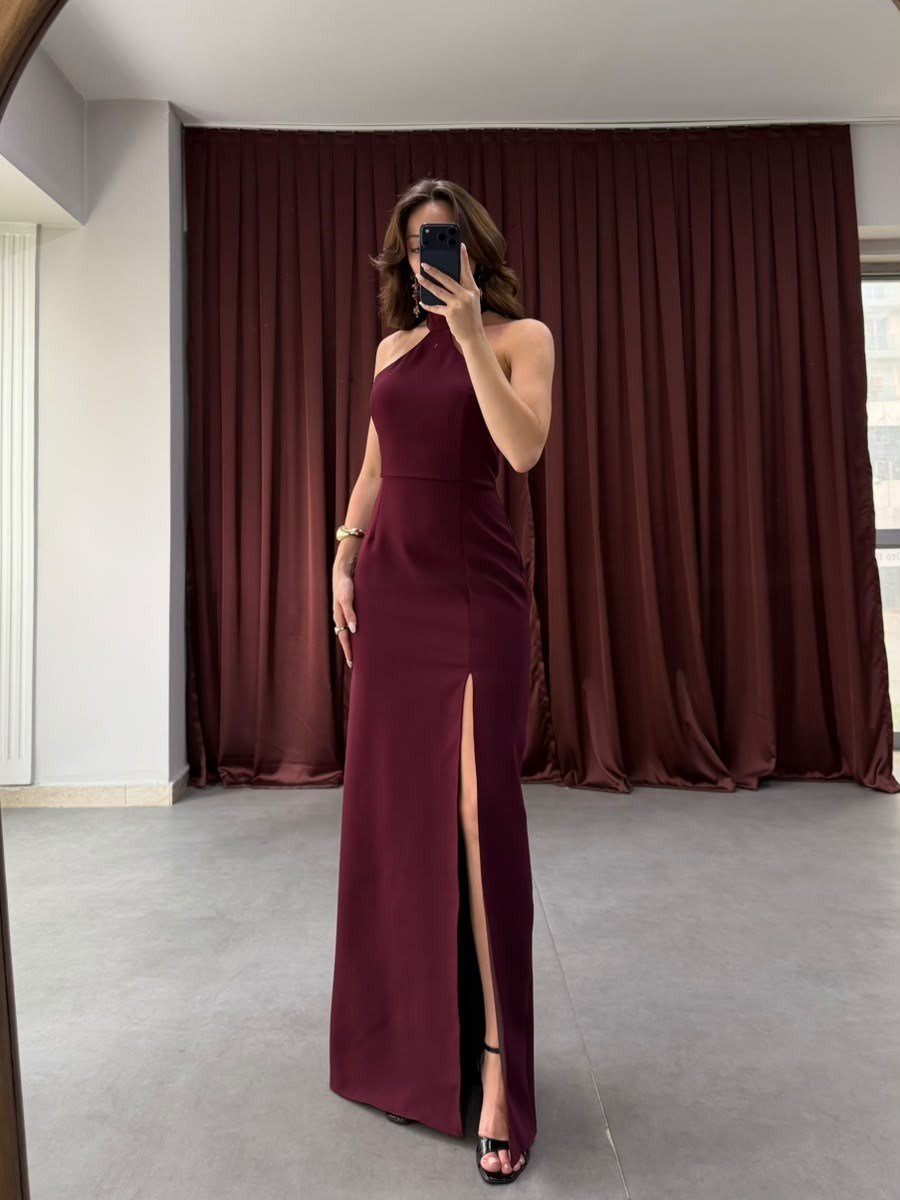 Halter Yaka Uzun Yırtmaçlı Elbise NVM-20595