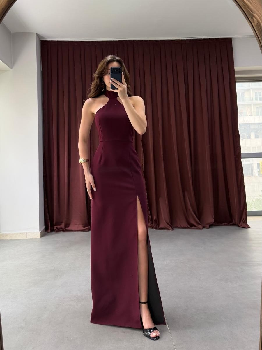 Halter Yaka Yırtmaçlı Uzun Elbise NVM