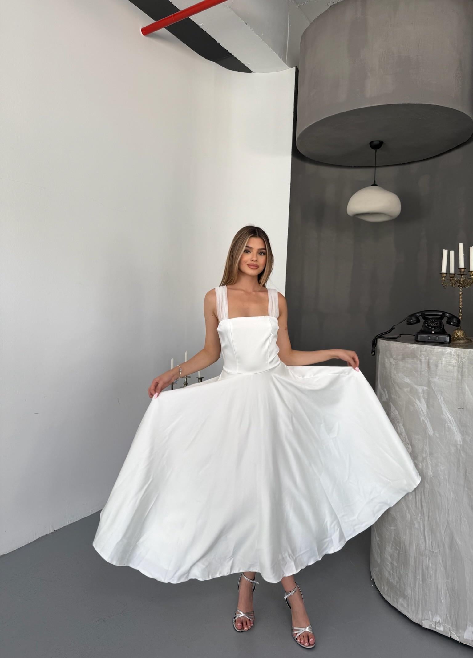 Midi Boy Drapeli Şık Düğün & Nikah Elbise
