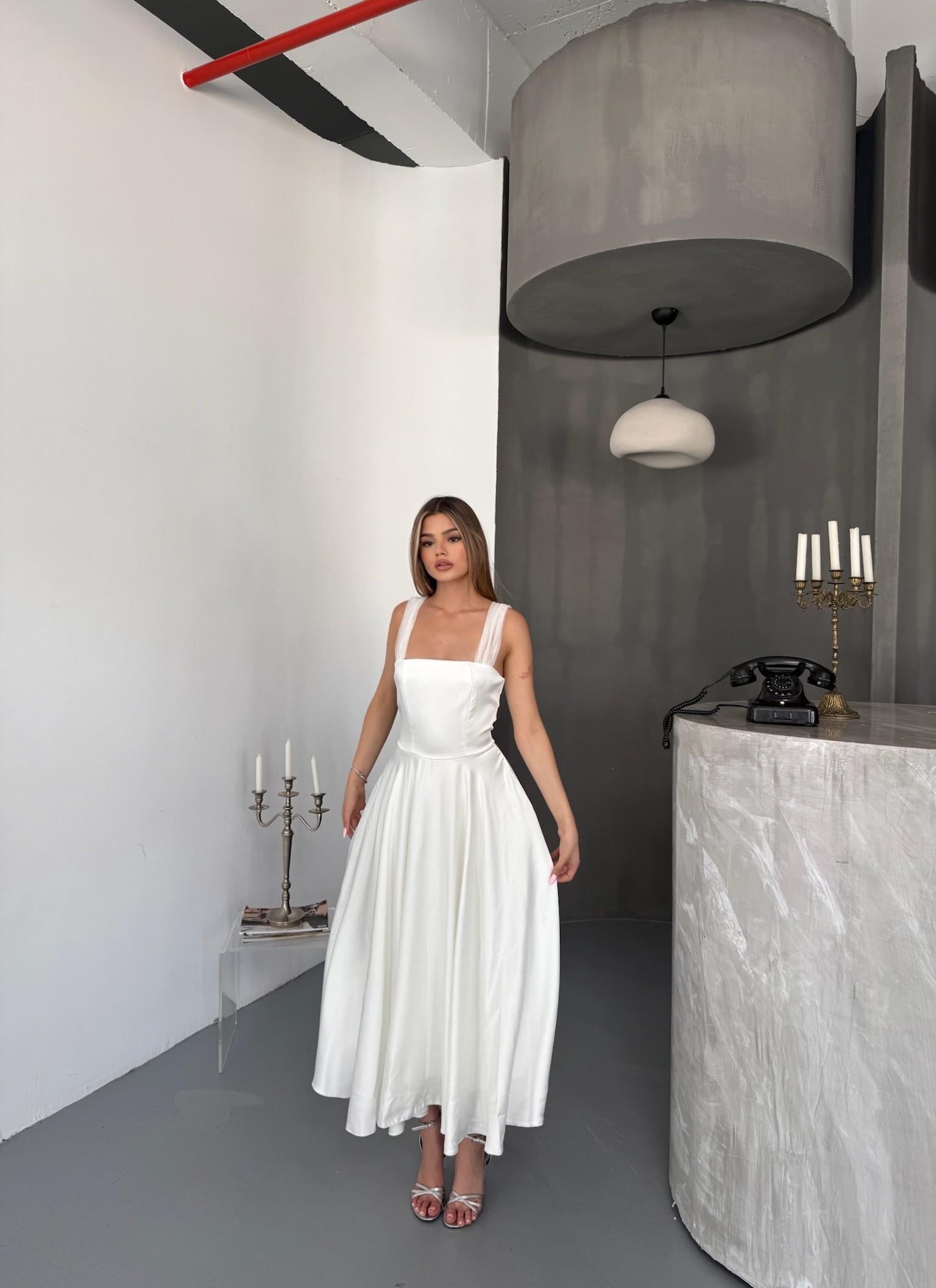 Midi Boy Drapeli Şık Düğün & Nikah Elbise