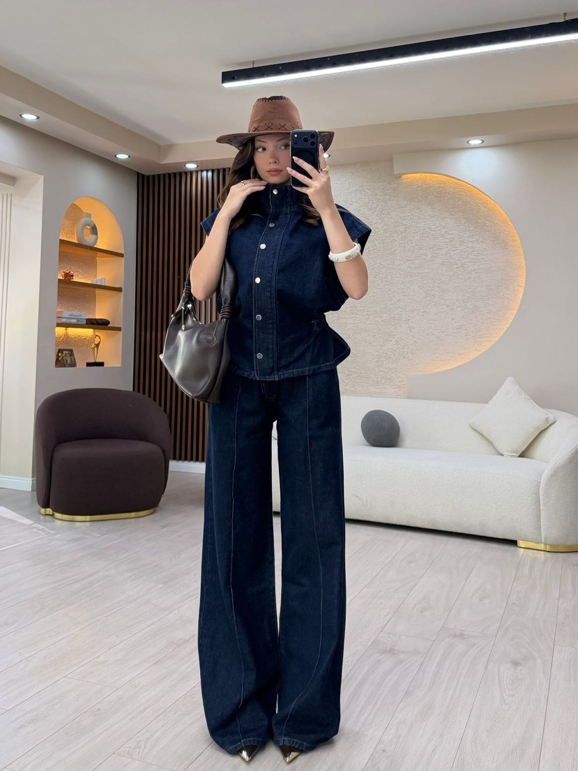 Premium Denim Yelekli Palazzo Takım NVM-30183