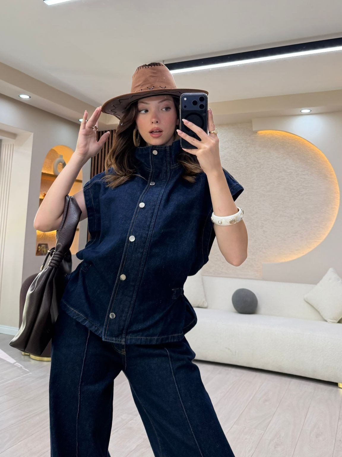 Premium Denim Yelekli Palazzo Takım NVM-30183