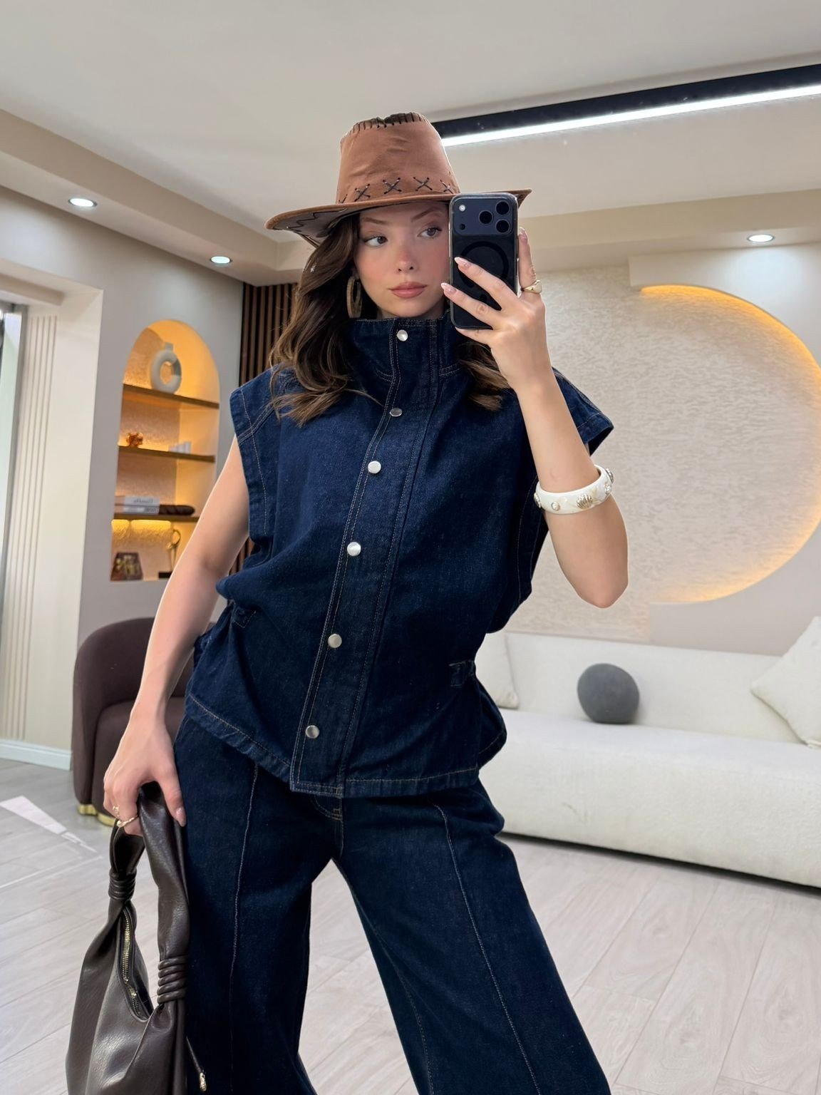 Premium Denim Yelekli Palazzo Takım NVM-30183