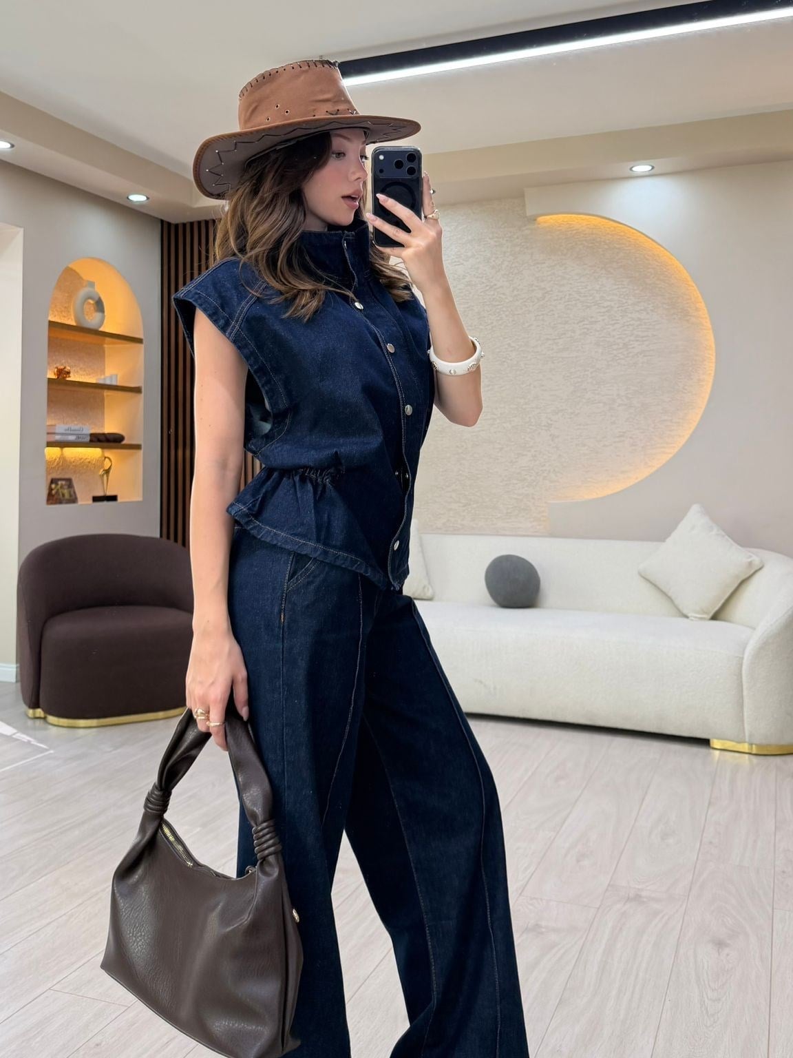 Premium Denim Yelekli Palazzo Takım NVM-30183