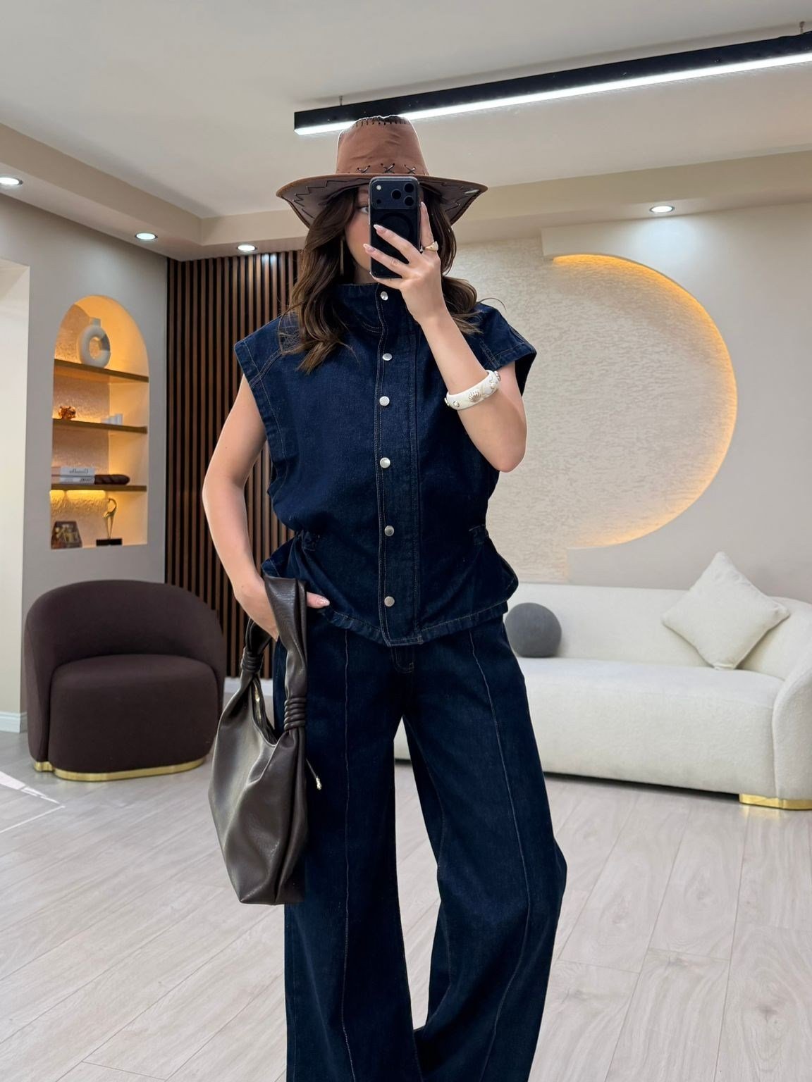 Premium Denim Yelekli Palazzo Takım NVM-30183
