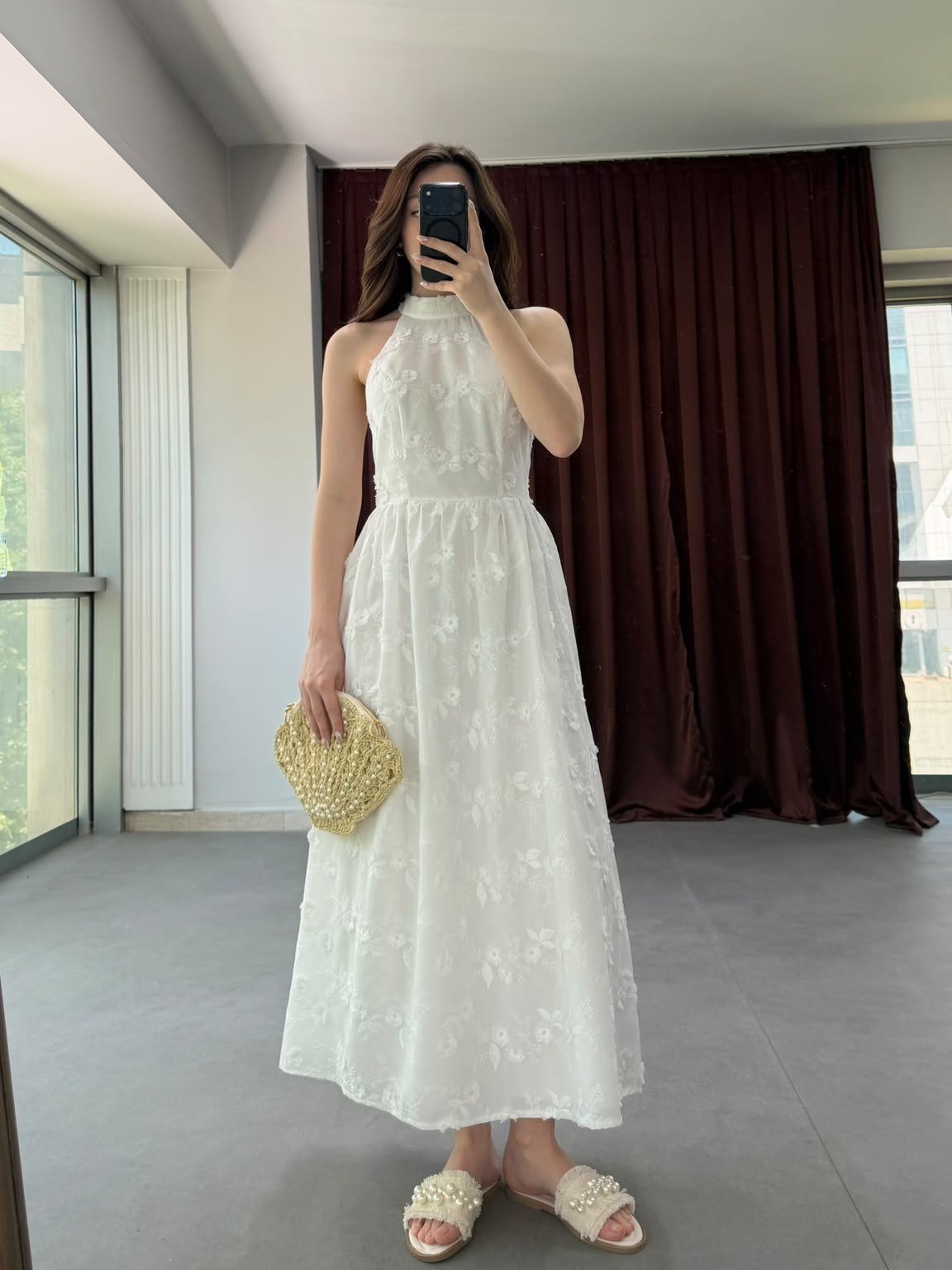 Romantik Çiçek İşlemeli Midi Elbise NVM-20463
