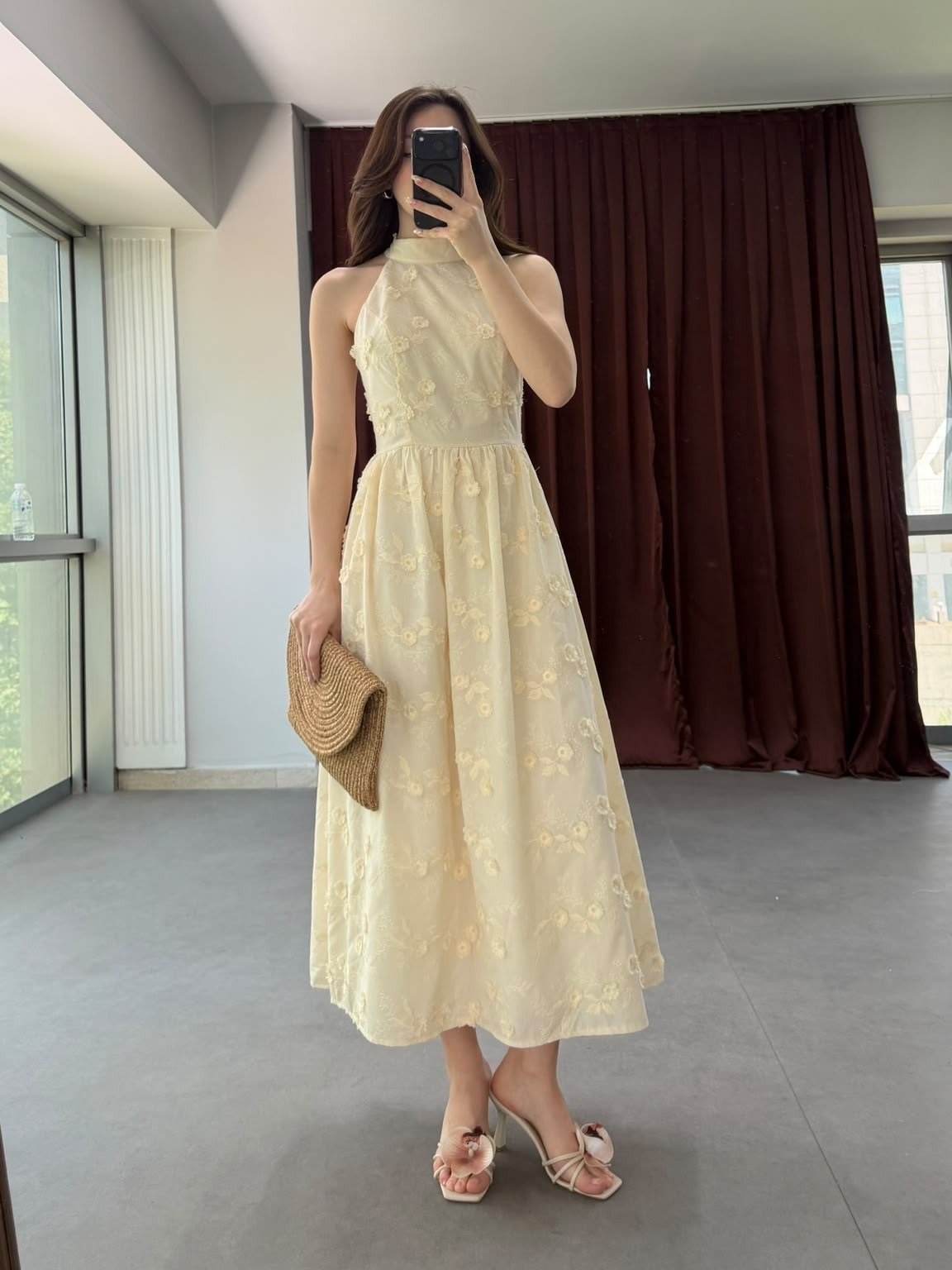 Romantik Çiçek İşlemeli Midi Elbise NVM-20463
