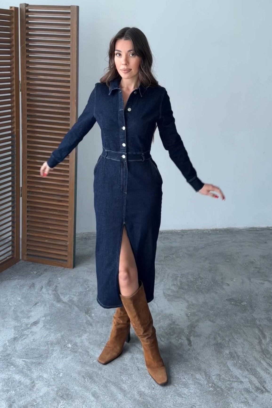 Siyah Denim Kot Elbise - 11602