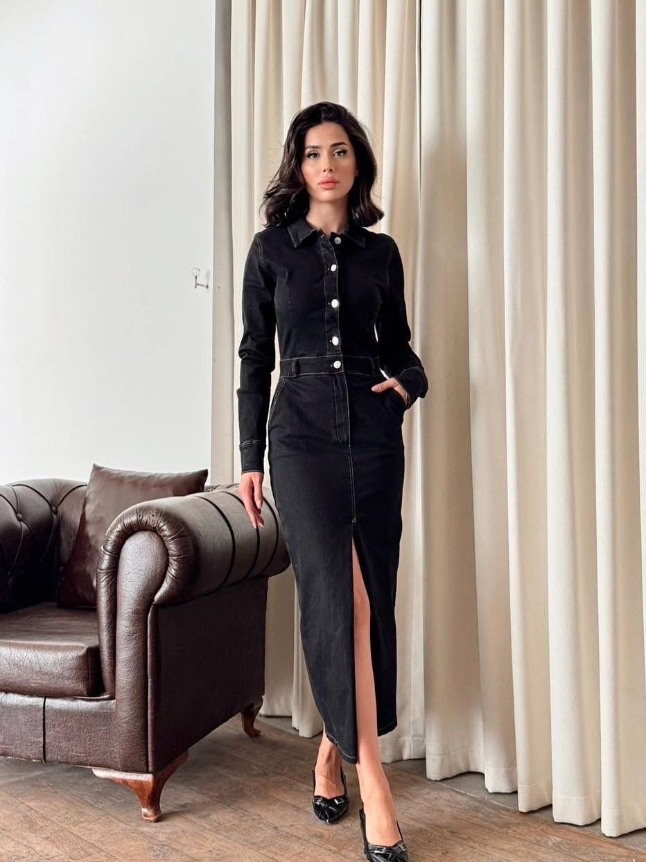 Siyah Denim Kot Elbise - 11602