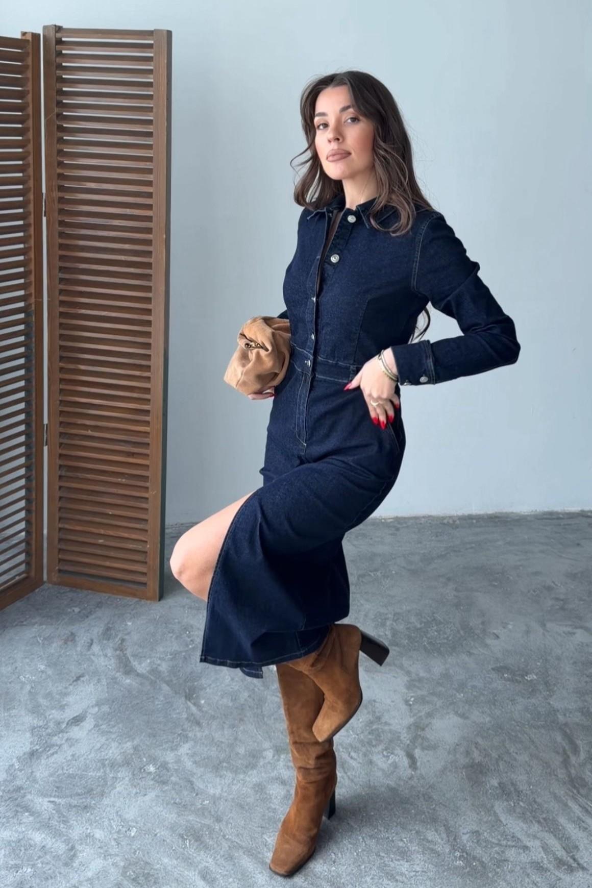 Siyah Denim Kot Elbise - 11602