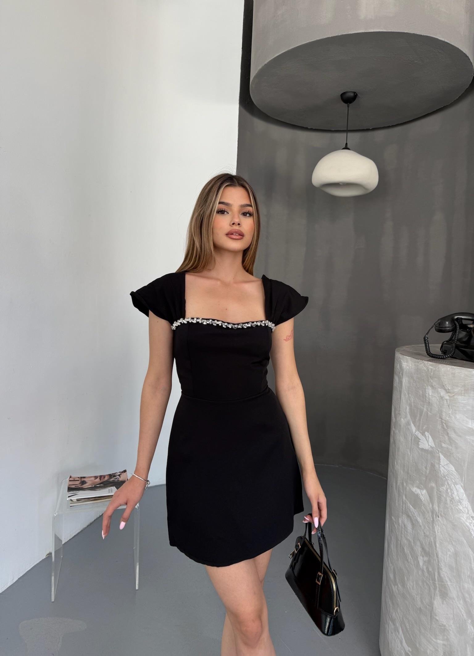 Siyah Taş Detaylı Mini Düğün Nişan Mezuniyet Kadın Elbise