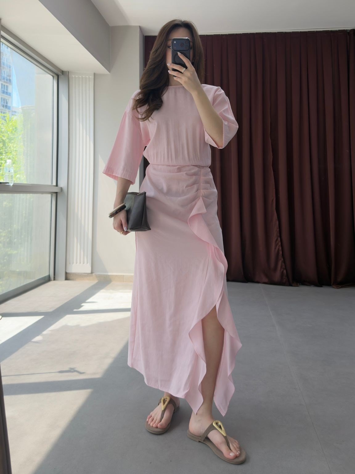 Soft Pink Volanlı Yaz Davet Elbisesi NVM-8443