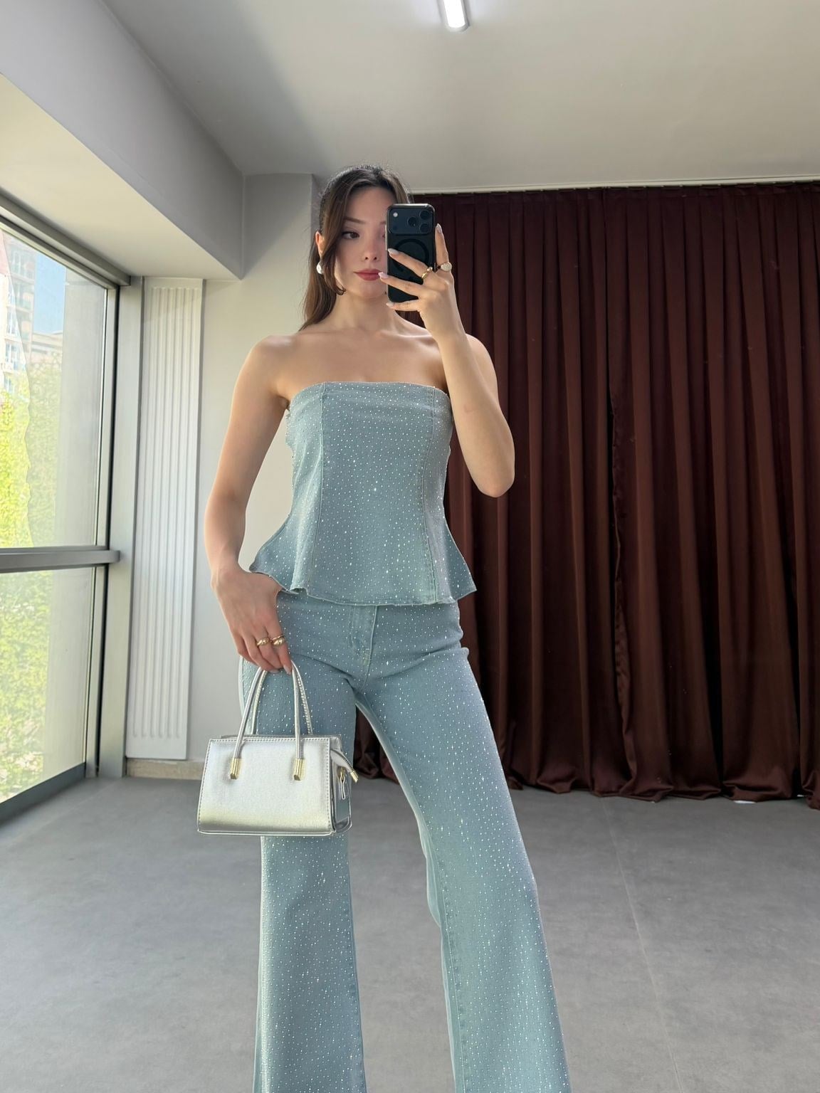 Straplez Işıltılı Alt Üst Denim Takım NVM-30113