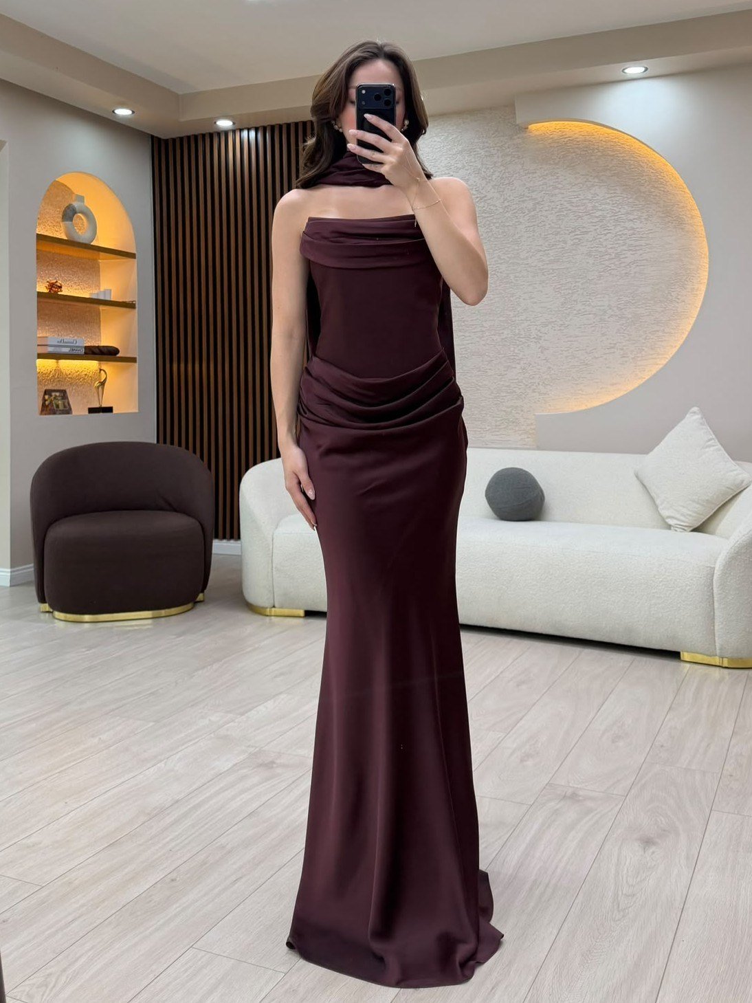 Straplez Yaka Saten Uzun Elbise NVM-20630