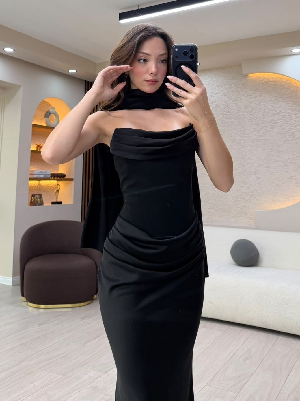 Straplez Yaka Saten Uzun Elbise NVM-20630