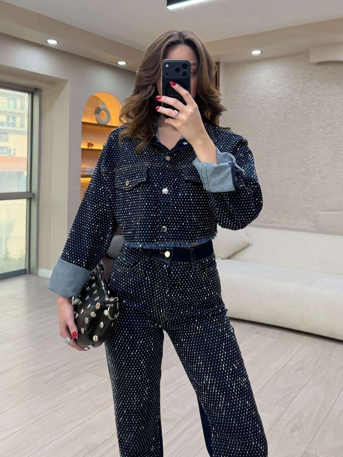 Taş İşlemeli Crop Ceketli Jean Takım NVM-30127