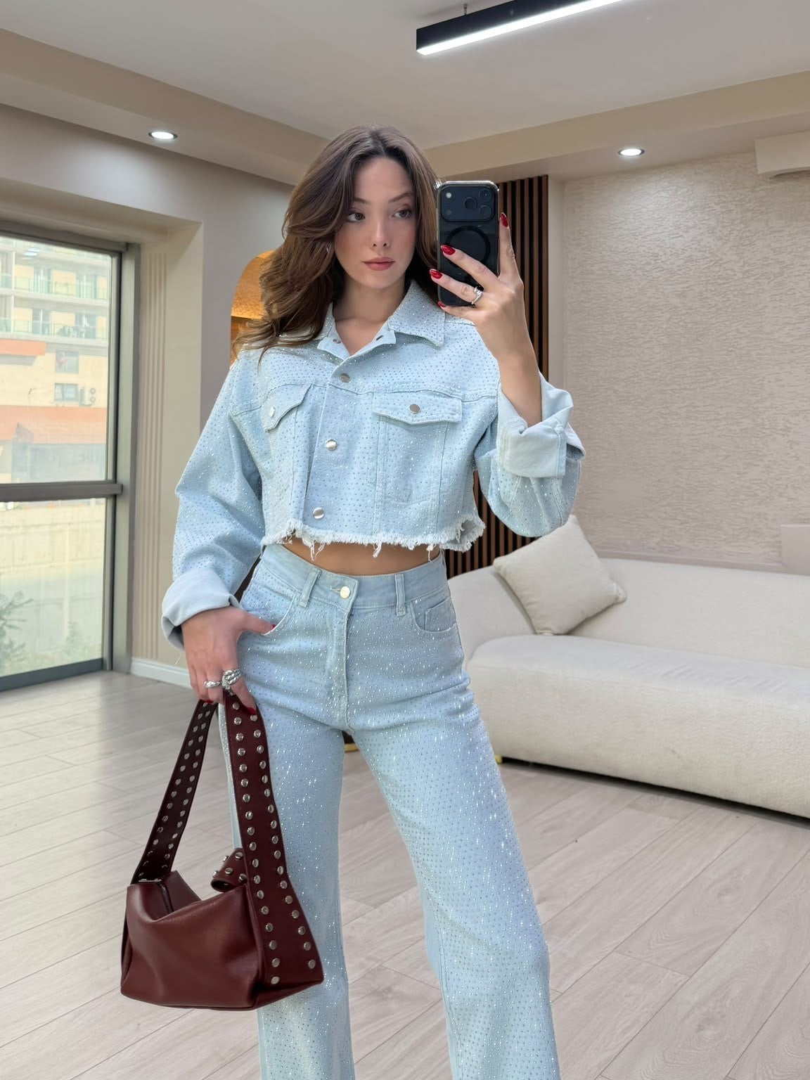 Taş İşlemeli Crop Ceketli Jean Takım NVM-30127
