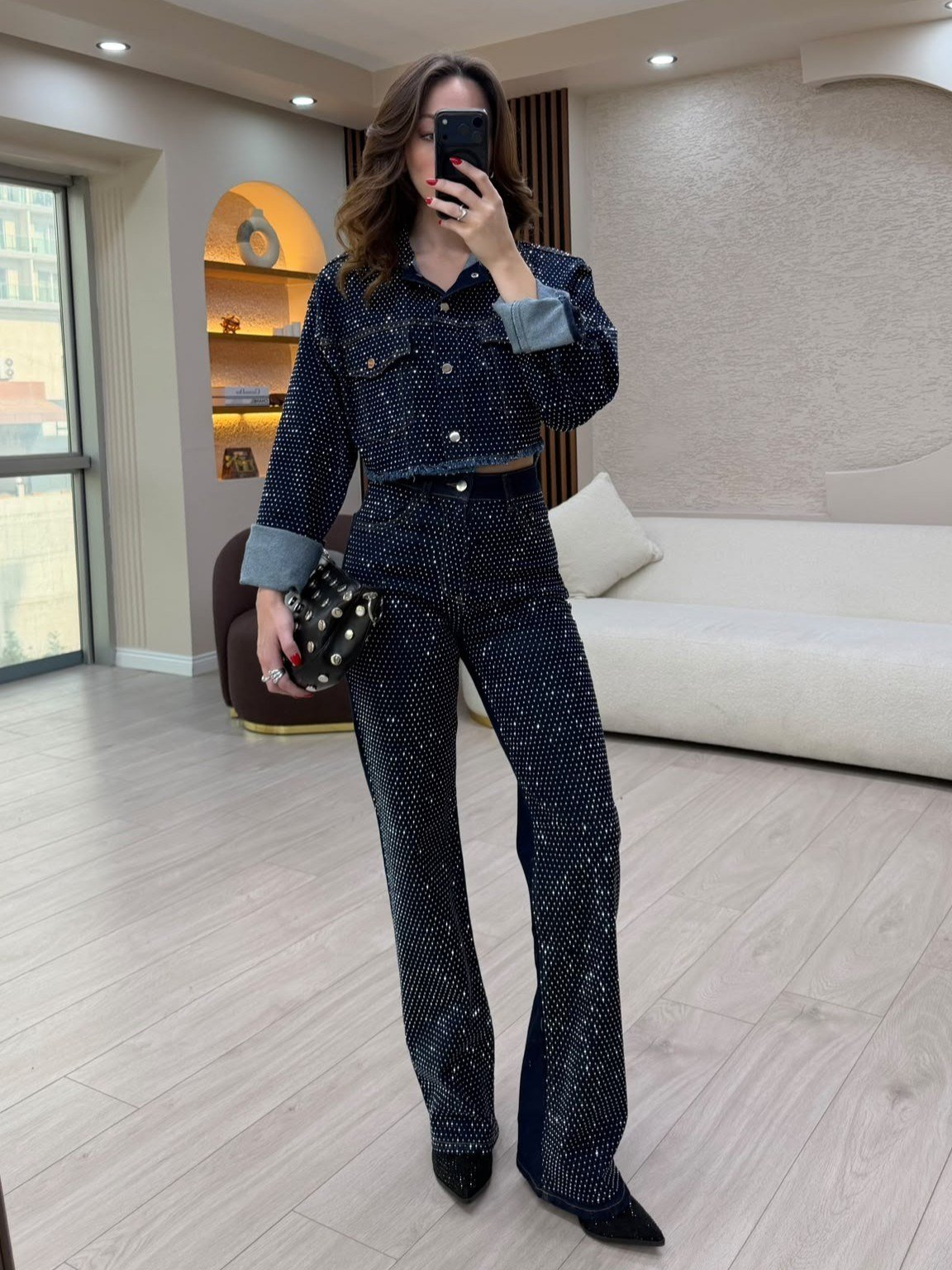 Taş İşlemeli Crop Ceketli Jean Takım NVM-30127