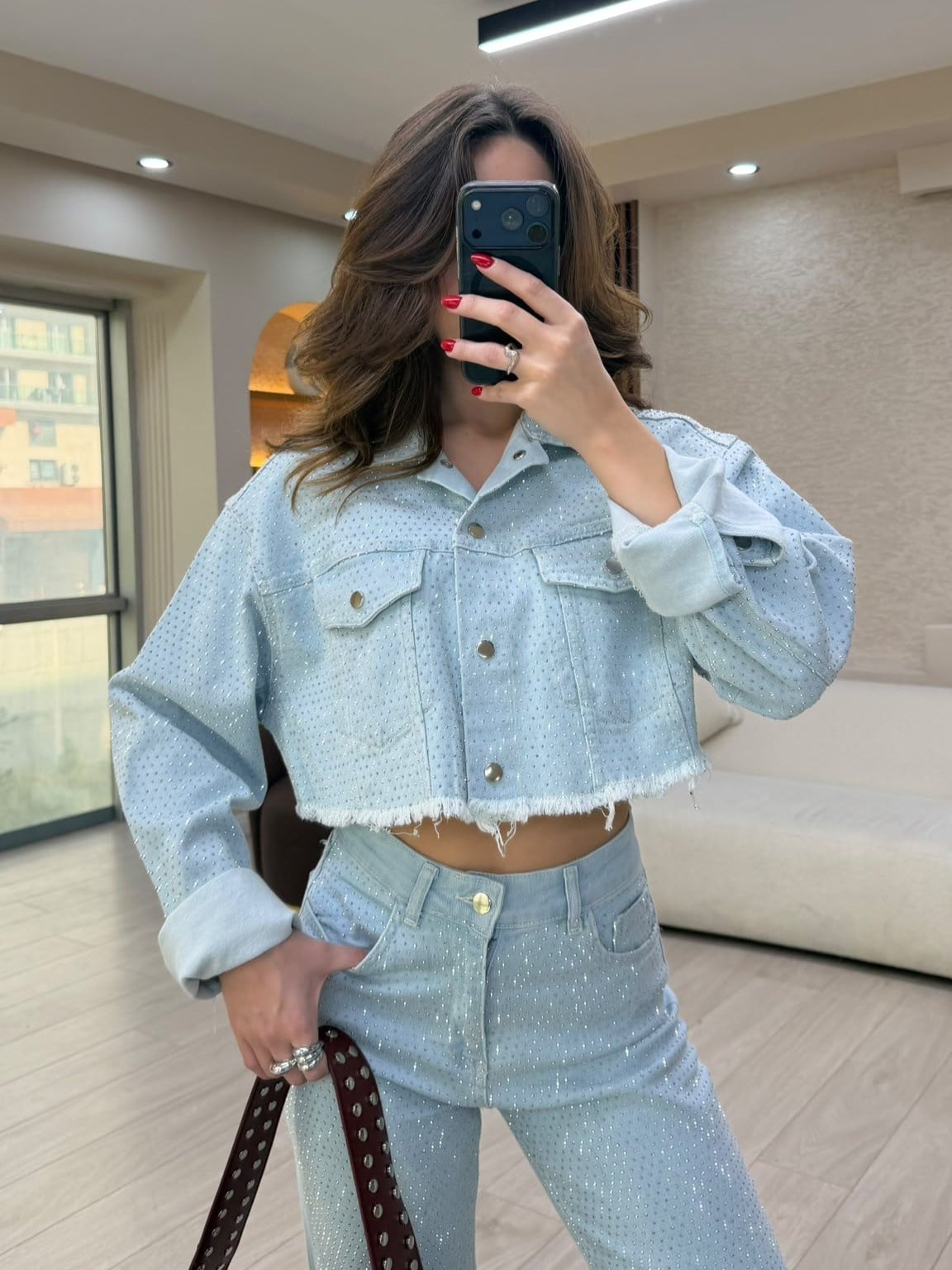 Taş İşlemeli Crop Ceketli Jean Takım NVM-30127