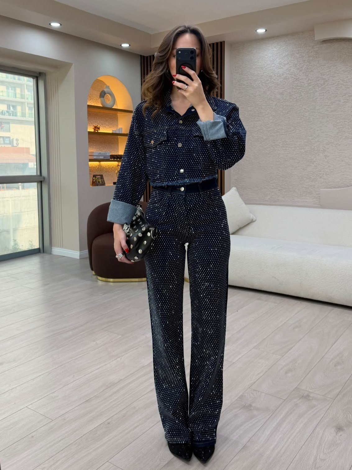 Taş İşlemeli Crop Ceketli Jean Takım NVM-30127